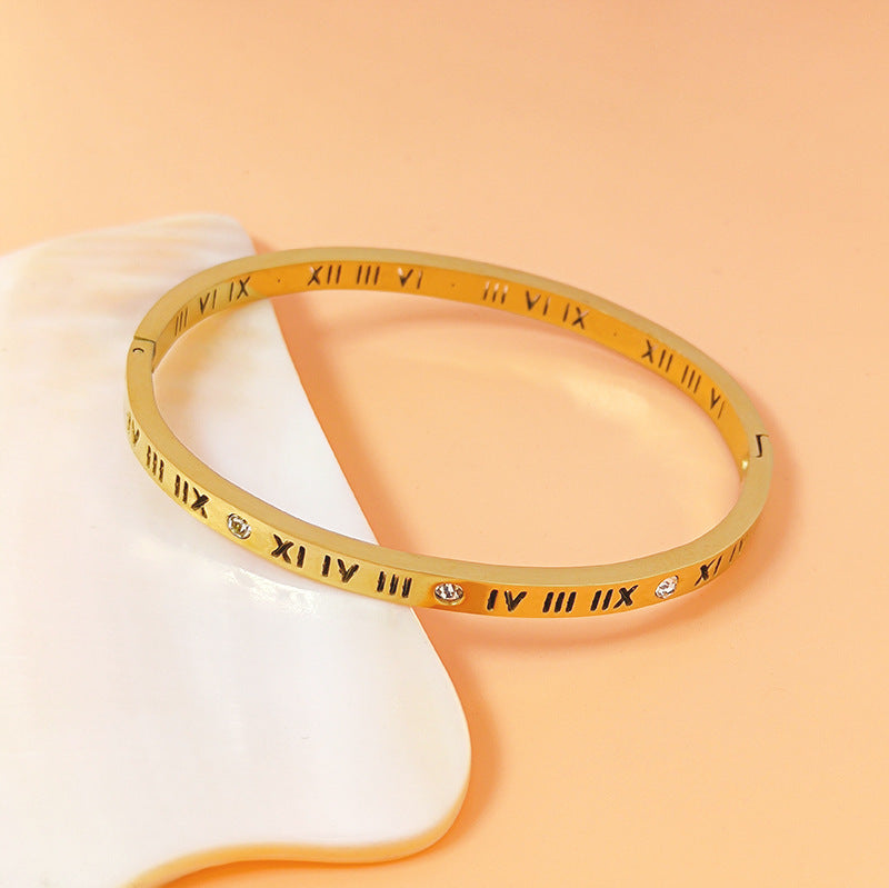 Wholesale Titanium Steel Roman Numeral Diamond Bangle